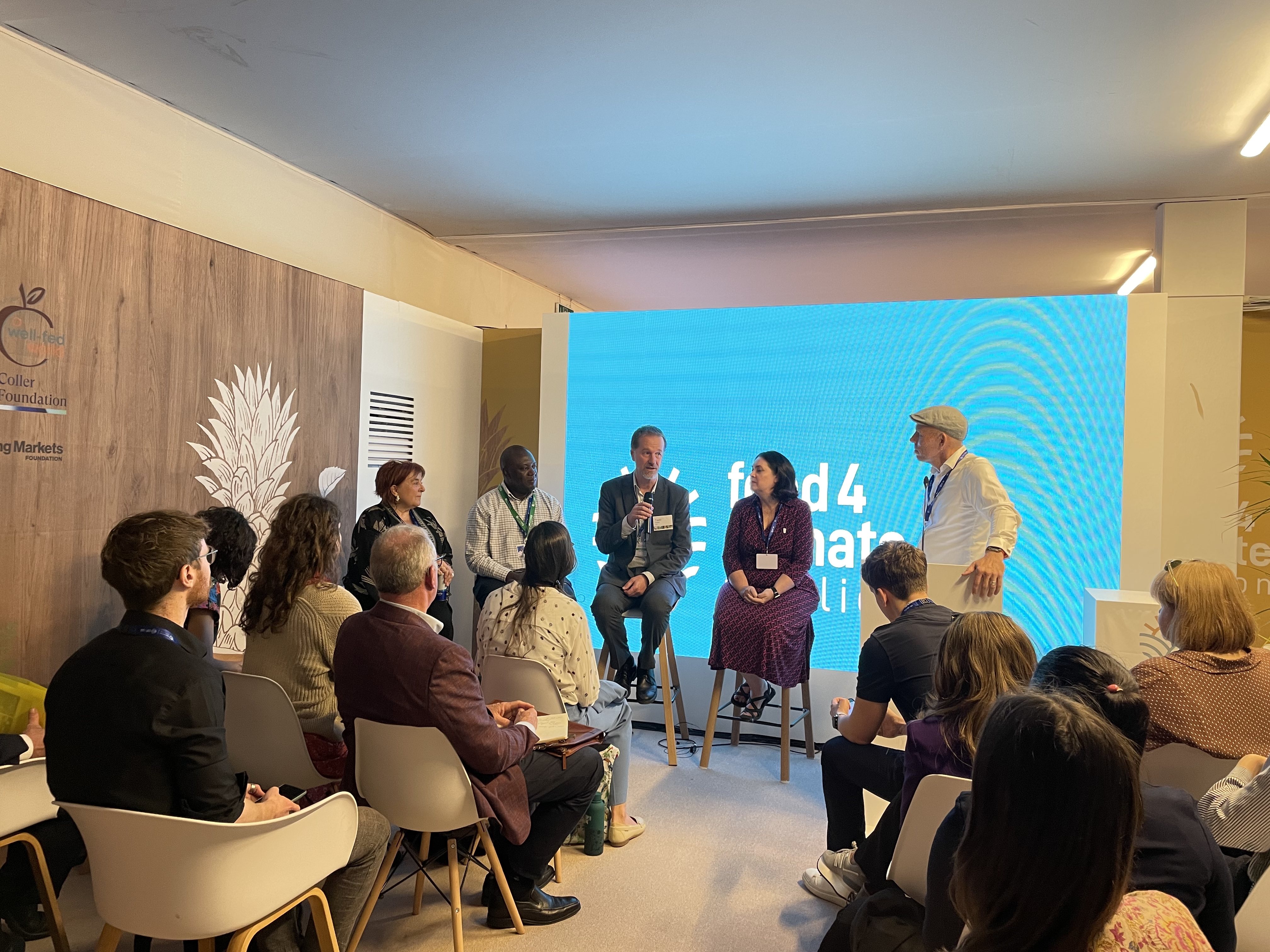 Todd Crane (ILRI) speaking on a panel for 'The Great Food Debate: Let them talk' side event at COP28 (ProVeg International / Eileen Valy).
